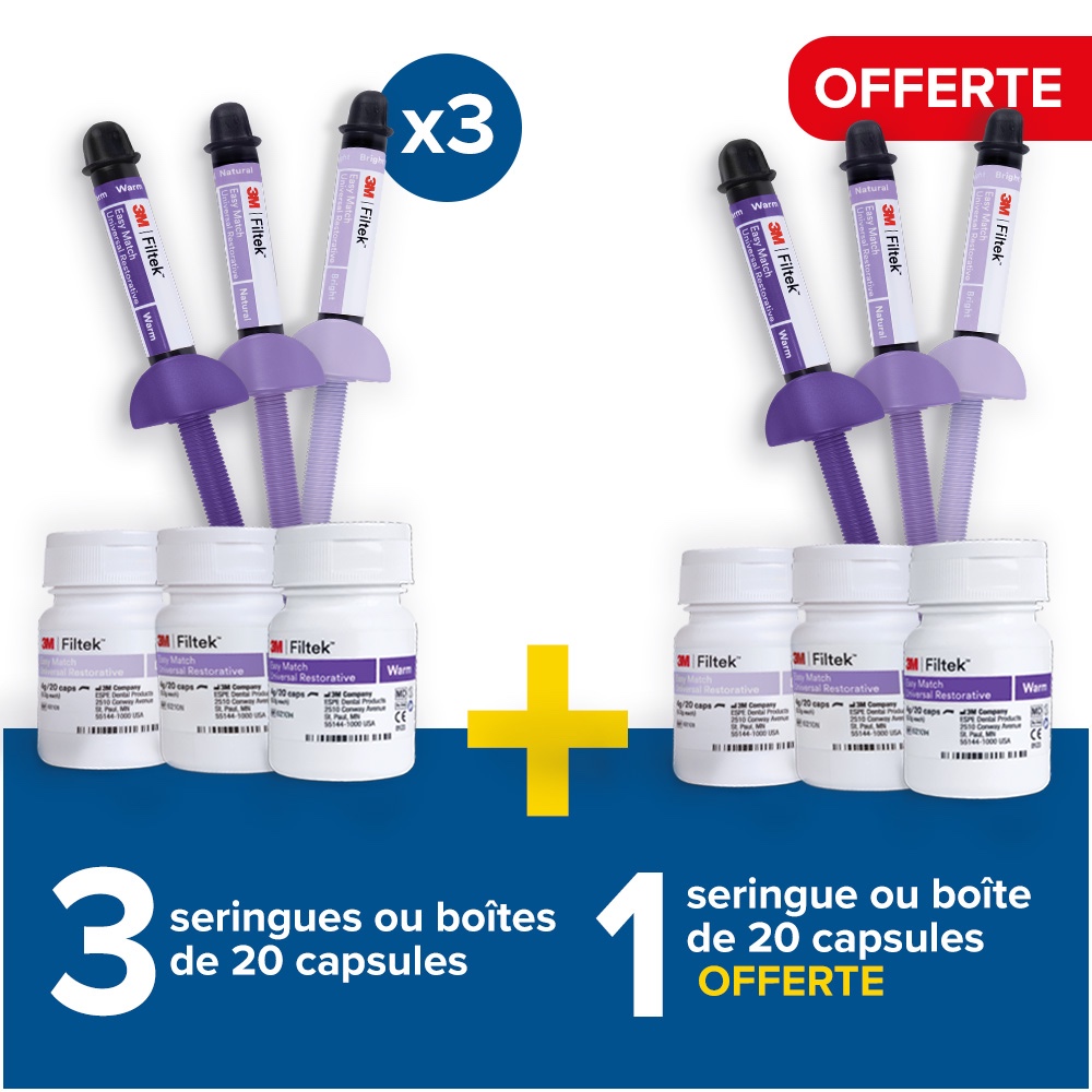 3 seringues ou boîtes de compules 3M Filtek Easy Match Universal Restorative + 1 offerte