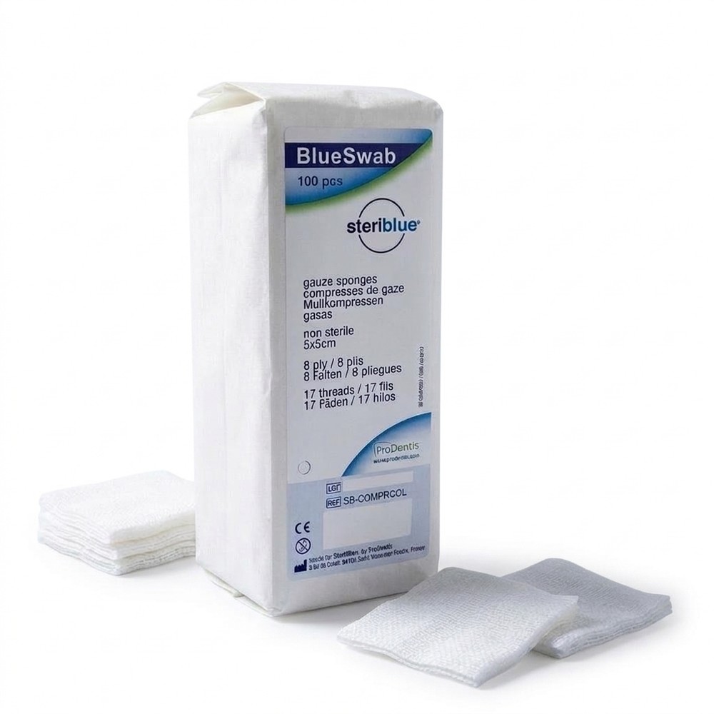 Compresses de gaze BlueSwab tissées non stériles 8 plis 5 x 5 cm - 10 paquets de 100