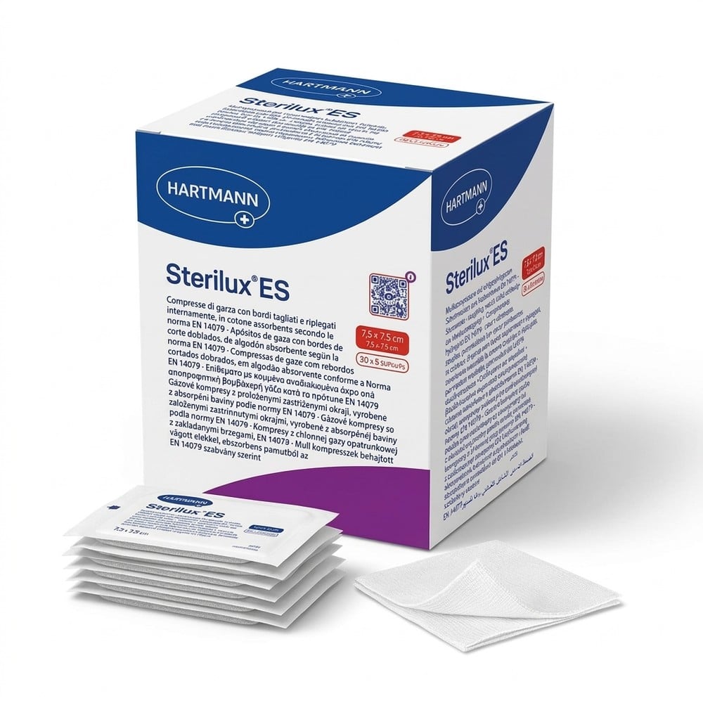 Compresses de gaze tissées stériles 8 plis 7,5 x 7,5 cm Sterilux ES - 30 blisters de 5 compresses