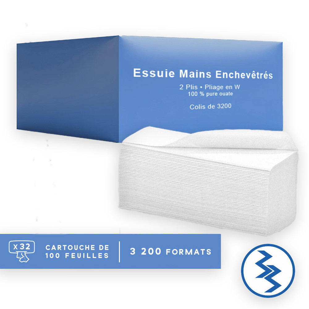 Essuie-mains pliés en W blancs -  34 x 22 cm (colis de 3200)