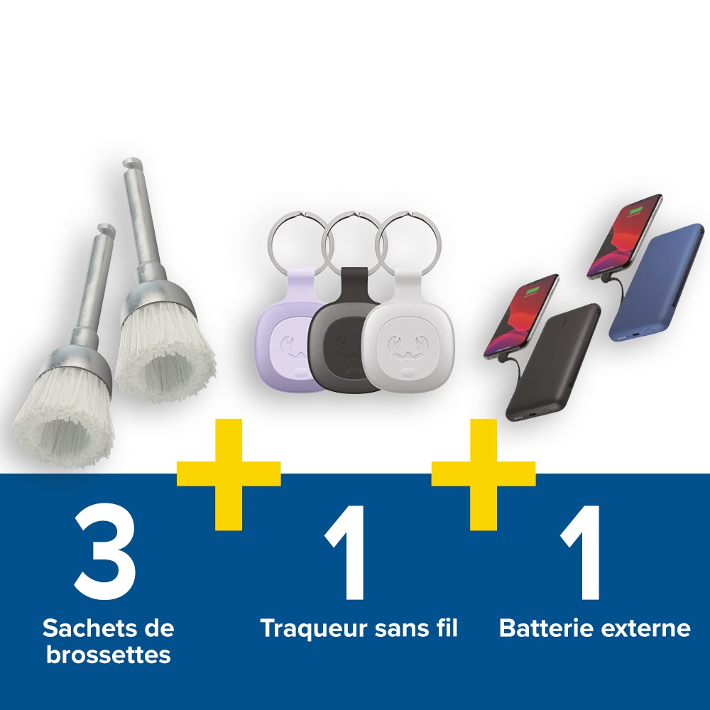 3 sachets de 50 brossettes + 1 traqueur sans fil + 1 batterie externe